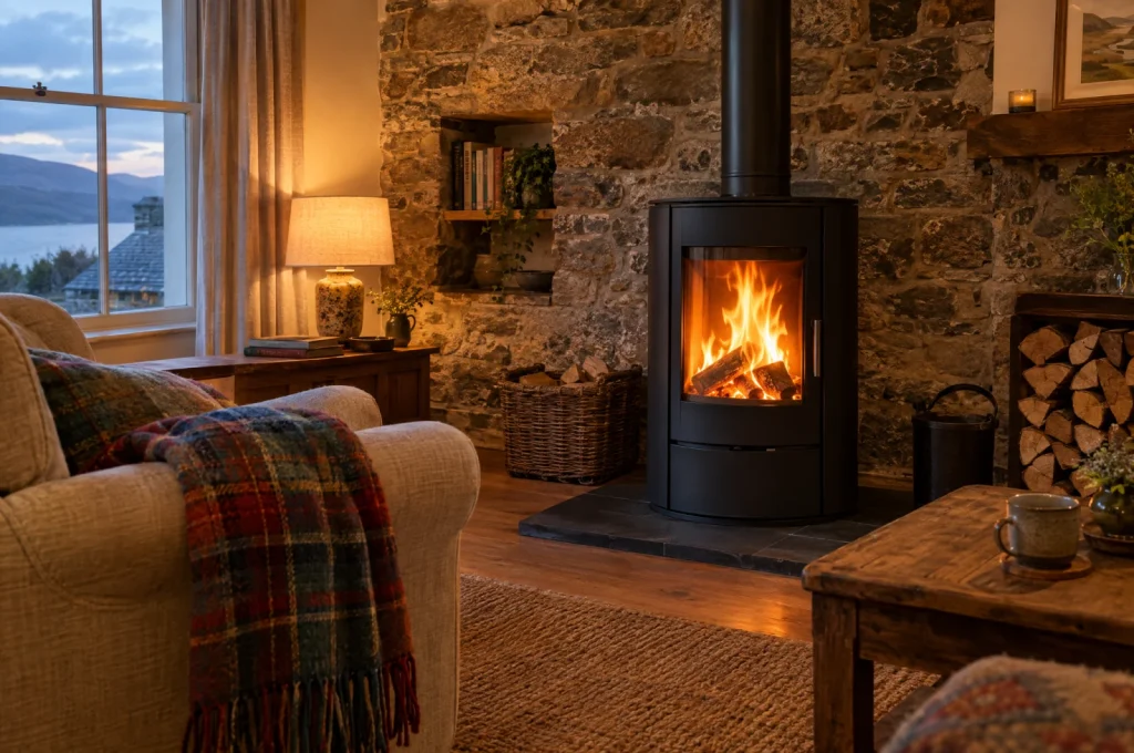 Ecodesign wood-burning eco stove in a cosy Scottish cottage living room