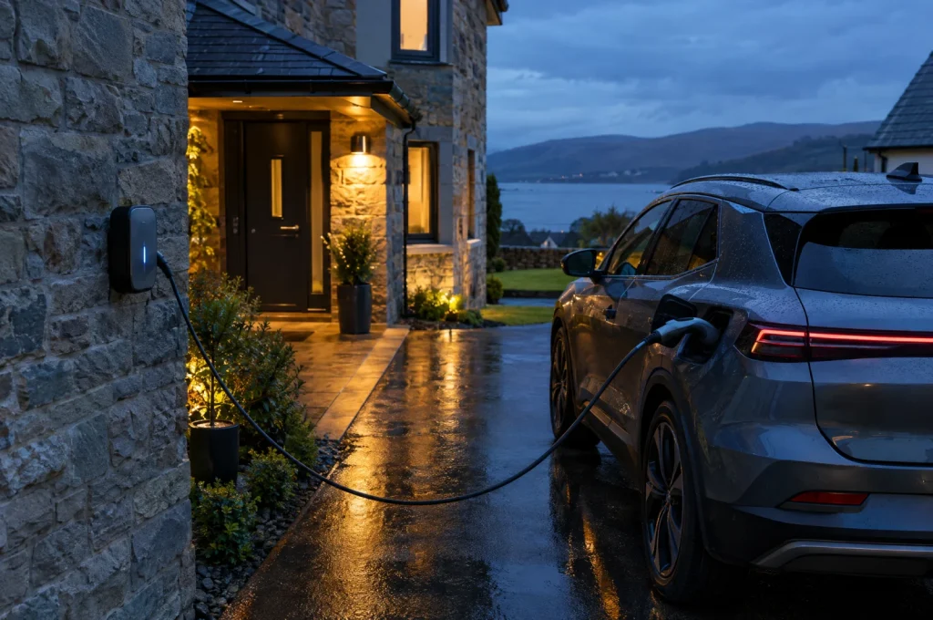 Electric car charging from a wall-mounted home EV charger at dusk