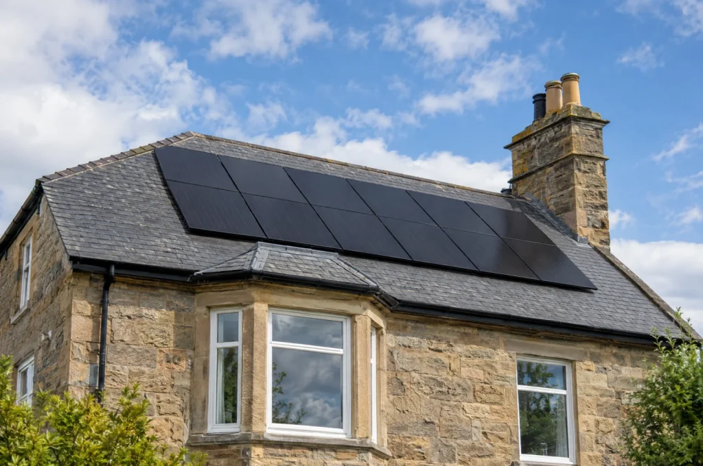 Black solar PV panels on the slate roof of a sandstone house in Scotland
